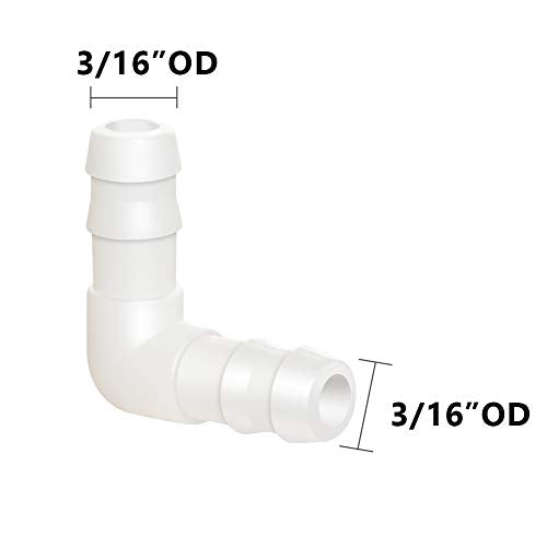 Quickun 3/16" Hose Barb 90 Degree Elbow L Fitting, Plastic 2 Way Equal Barbed Joint Splicer Mender Union Adapter Hose Fitting (Pack of 5) - size: 3/16" (5Pcs)
