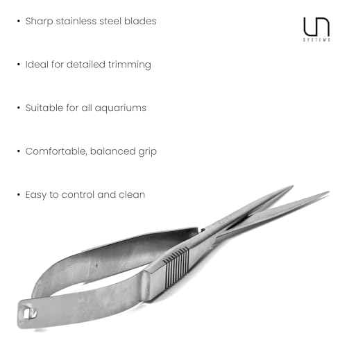 UNS Aquascaping Tools - Stainless Steel Rust Resistant Freshwater Planted Tank Saltwater Reef Aquarium Maintenance Accessory - Trimming Stem & Carpets, Coral Cutting - Straight Spring Scissors, Silver - color: Silver