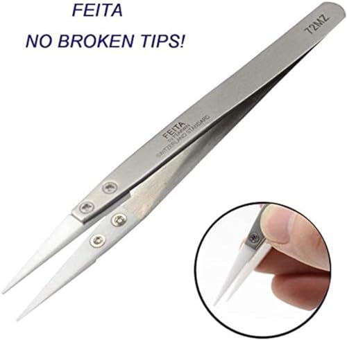 FEITA Precision Pointed Ceramic Tweezers - Temperature Resistant and Anti-Magnetic White Fine Pointy Ceramic Tips Twizzers - For Electronic Repair, DIY Crafting Hobby Tools - 1 Pc - color: White Head
