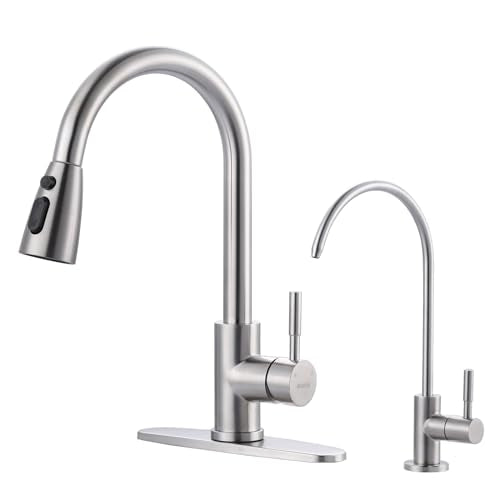 Kitchen Faucet and Water Filter Faucet Combo, WOWOW Stainless Steel Kitchen Sink Faucet with Drinking Water Faucet for Reverse Osmosis or Water Filtration System, Brushed Nickel - color: A: Brushed Nickel, style: Kitchen Faucet & Filter Faucet