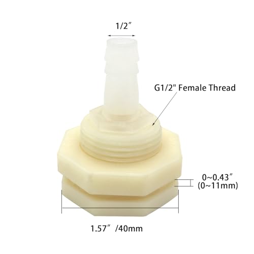 Bulkhead Fitting Adapter 12mm Barbed x G1/2 Female ABS Fitting, White Connector for Aquariums, Water Tanks, Tubs, Pools (Set of 4) - size: G1/2