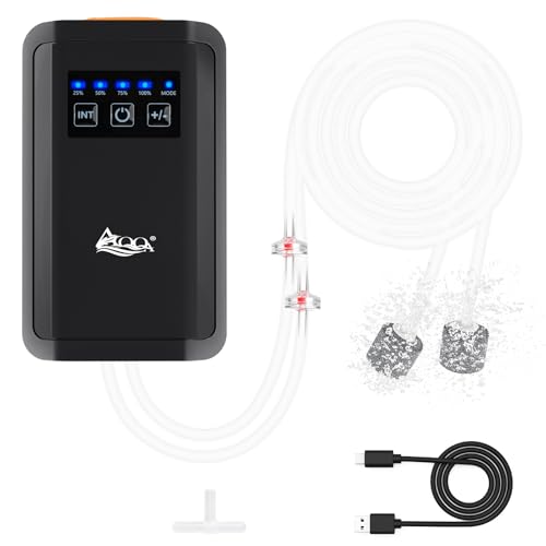 AQQA Aquarium Air Pump Quiet Fish Tank Aerator Pump Powerful Rechargeable Fish Oxygen Pump Battery Operated Dual Outlets with Air Stones,Air Tube & Check Valve (5W 150GPH) - size: 5W for up to 180 Gal
