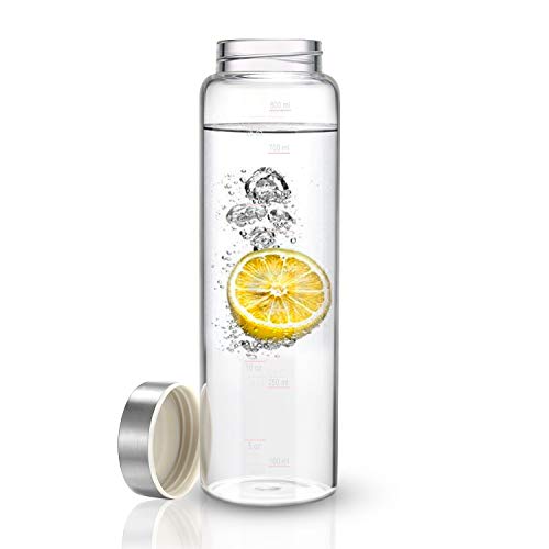 Sursip 32 oz Glass Water Bottle - Nylon Bottle Protection Sleeves, Stainless steel Lid, And 1L Time Marked Measurements, Reusable, Eco-Friendly, Safe for Hot Liquids Tea Coffee Daily - color: Wide-Black