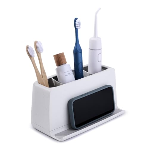 YouCopia The Ledge Toothbrush Holder, 3-Slot, Bathroom Vanity Counter Organizer with Cord Slots, Removable Base and Storage for Phones, Toothpaste and Accessories - size: 3-Slot