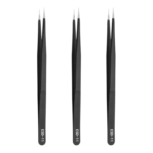HARFINGTON 3pcs 5.51" Long ESD-11 Anti-static Straight Pointed Tip Tweezers Stainless Steel Round Edge Non-magnetic Precision Tweezers for Various Electronics Precise Repair - size: 5.51"（ESD-11)