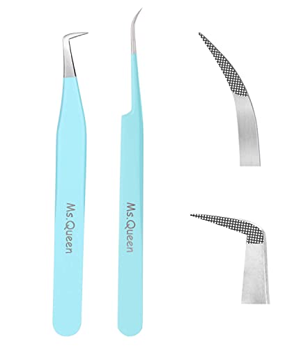 Ms.Queen Eyelash Extension Tweezers Set - Fiber Tip Isolation & 90 Degree Mega Volume Tweezers, Blue - style: 2Pcs Tweezers Set A