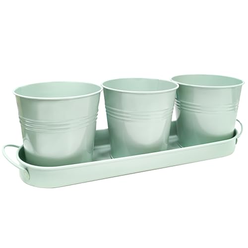 TCBWFY Indoor Herb Garden Planter Set - 3 Pack 4.7" Green Metal Plant Pots with Drainage Holes & Removable Tray - Windowsill Kitchen Counter Balcony Office Garden - color: Green