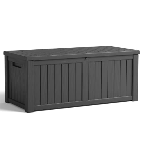 PatioZen 120 Gallon Resin Deck Box, Lockable Patio Outdoor Storage Box for Furniture, Garden Tools and Tools Storage, Waterproof Outside Storage Boxes - Black - color: Black, size: 120 Gallon