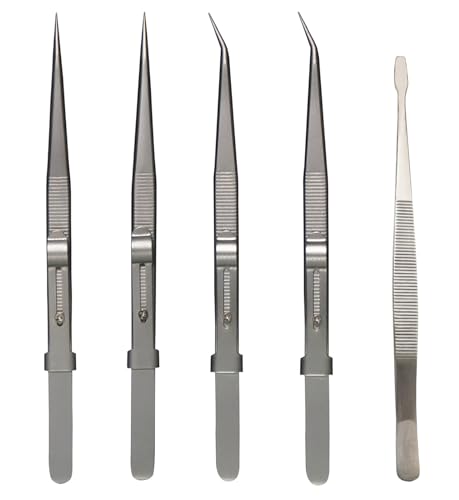 5Pcs Precision Tweezers Set, Flat/Pointed/Curved Angled Locking Long Tweezers for Crafts, Medical Surgical, Lab, Soldering, Jewelry Crafting, Watch & Electronics/Car Repair,Splinter Removal