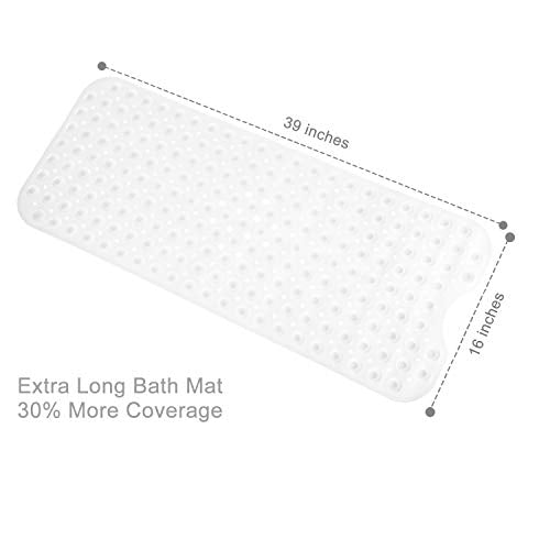 TEESHLY Bath Tub and Shower Mats, Non-Slip 39 x 16 Inch Extra Long Bathtub Mat, Machine Washable BathMat with Drain Holes, Suction Cups for Bathroom (Opaque White) - color: Opaque White