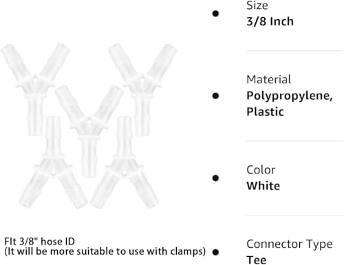 Plastic Barb Equal Y Tee 3/8" hose ID Polypropylene pipe connectors Plastic Joint Splicer Mender Adapter Union Boat Water Air Aquarium O2 Fuel (pack of 5) - size: 3/8 Inch, style: Pack of 5