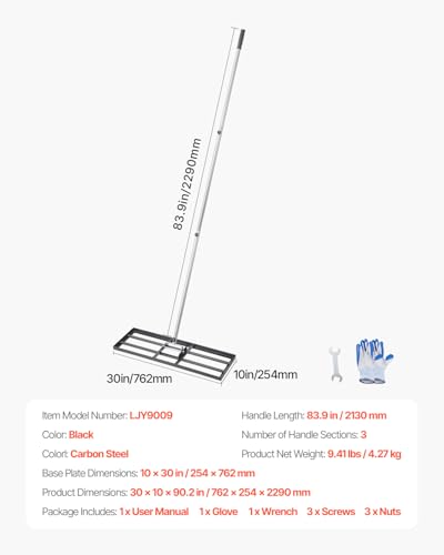 VEVOR Lawn Leveling Rake, Lawn Leveler with 83.9 in Handle, 30x10 in Ground Plate, Rust-Resistant Carbon Steel Soil Leveler, 3 Heights Adjustable, Effort Saving Lawn Leveling Tool for Yard Golf Court - size: 30"x10", style: Classic: Carbon Steel