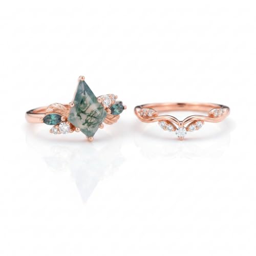 Natural Moss Agate Engagement Ring Set for Women, Unique Genuine Moss Agate Ring, 925 Sterling Silver 10K 14K 18K Solid Gold Nature Inspired Bridal Set, Boho Wedding Jewelry Gift - color: One