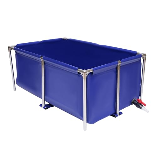 Canvas Fish Pond Aquarium Fish Water Tank, Koi Breeding Pond with Metal Frame and Drain Valve,Blue Cuboid Ornamental Swimming Pool Foldable Water Storage Above Ground Pond for Home