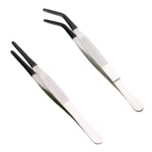 2 Pieces Tweezers with Rubber PVc Coated Set, Straight flat Tip Long Bent Tweezers for Crafts Stamps Beads JewelrTools(Black)