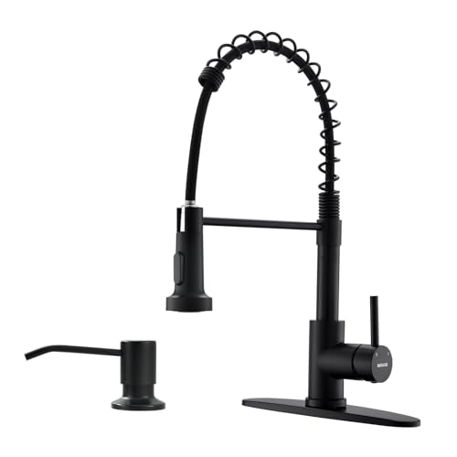 WEWE Black Kitchen Faucet with Soap Dispenser, Kitchen Sink Faucet with Pull Down Sprayer Stainless Steel Single Handle High Arc Pull Out Matte Black Faucet for Bar Laundry RV Utility - color: Matte Black, style: Vintage