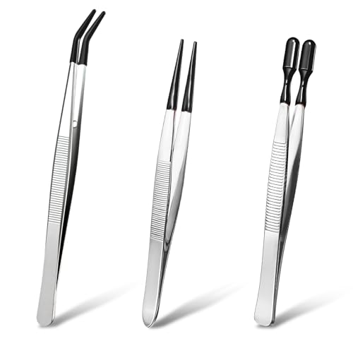 3 Piece Tweezers with Rubber Tips Set, Stainless Steel Rubber Tipped Tweezers Bent Flat and Pointed Precision Tweezer for Jewelry Crafts Electronics and Lab Use Black