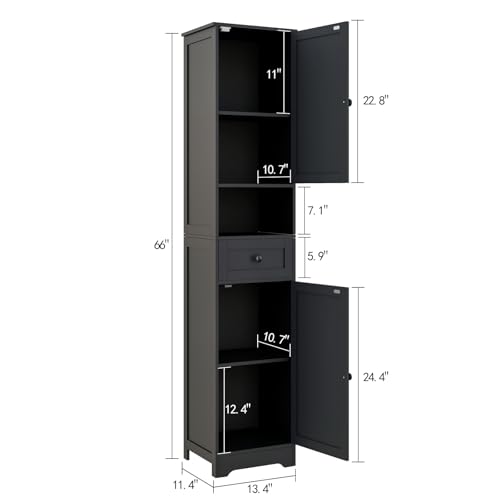 Tall Bathroom Cabinet,Storage Cabinet with 5 Shelves & 1 Drawer, with Adjustable Shelve, for Bathroom, Kitchen, Entryway, Living Room (Black) - color: Black