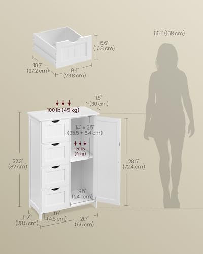 VASAGLE Storage Cabinet with Drawers, Freestanding Floor Cabinet with Door, 11.8 x 21.7 x 32.3 Inches, Adjustable Shelf, for Bathroom, Living Room, Kitchen, Cloud White ULHC041WH01S - color: Cloud White, style: 1 Door + 4 Drawers（32.3"）