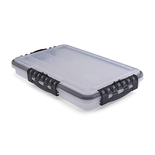 Plano Waterproof 3700 Stowaway Tackle Box, 14" X 9" X 1.875", Durable Cam-Action Latches, O-Ring Seal, Adjustable Dividers for Versatile Fishing Storage, Clear/Red - size: 3700, style: Regular