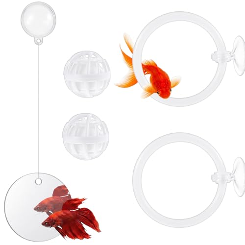 Betta Fish Tank Accessories Beta Enrichment Toys 2 Fish Exercise Training Rings with Suction Cups 2 Nitrifying Balls and 1 Floating Mirror with Ball for Aquarium Tank