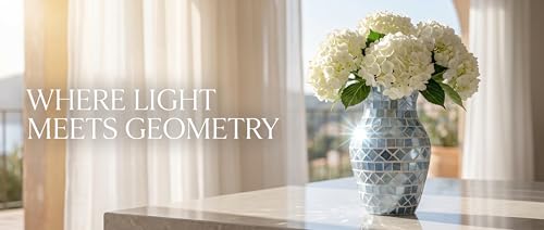 8" Premium Grey Mosaic Vase, High-Gloss Cyan-Blue Fish Scale Glass Flower Vase, Mirror-Effect Modern Art Centerpiece for Coastal Home & Office Decor - color: Blue Grey