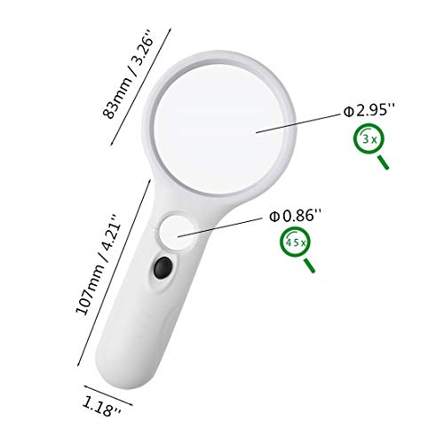 Magnifying Glass with Light 3X 45X Handheld Magnifier 3 LED Light Magnifying Glass for Reading Small Prints Reading Inspection Jewellery Hobbies Crafts (White) - color: White