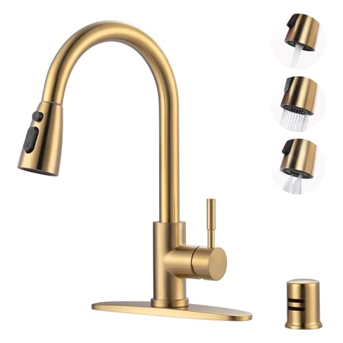 Kitchen Faucet with Air Gap: WOWOW Stainless Steel Kitchen Sink Faucet and Dishwasher Air Gap Kits for Kitchen Sink 2 or 4 Hole, Brushed Gold Kitchen Faucet Combo with Sprayer - color: Gold, style: Kitchen Faucet with Air Gap Kit