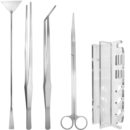 5Pcs 15Inch Aquascaping Tools Kit Extra Long Tweezers for Terrarium, Feeding Tongs, Aquarium Scissors, Algae Scraper,Aquascaping Tool Organizer Rack for Fish Tank Cleaning Plant Trimming