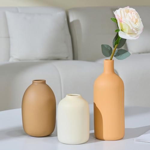 Ceramic Vase Set of 3,Neutral Modern Vases for Bouquet Pampas Grass Dried Fresh Flowers,Rustic Home Decor for Living Room,Bedroom Entryway(Beige) - color: Beige Set of 3