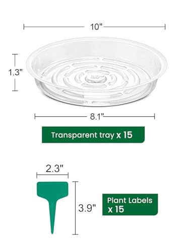 GROWNEER 15 Packs 10 Inches Clear Plant Saucers Flower Pot Trays, with 15 Pcs Plant Labels, Plastic Plant Saucer Drip Trays for Indoor Outdoor Plants Garden - size: 10 Inch, 15-Pack