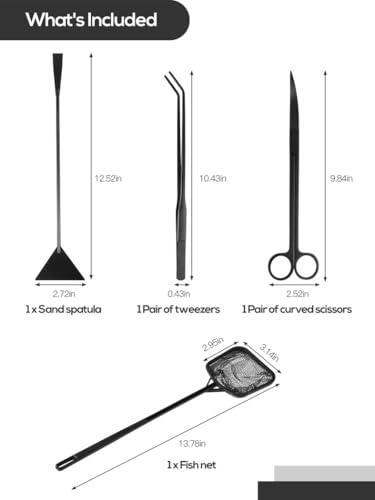 Aquascaping Tool Set for Aquarium Care, Includes Curved Scissors, Tweezers, Spatula & Fish Net, Perfect for Small Aquariums and Plant Maintenance