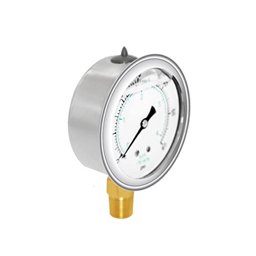 Joywayus Pressure Gauge 0-60 PSI Brass 1/4" NPT Male Thread Lower Mount, Glycerin Filled, Stainless Steel Case, Multiple Function - size: 0-60PSI--1/4", style: Glycerin Filled