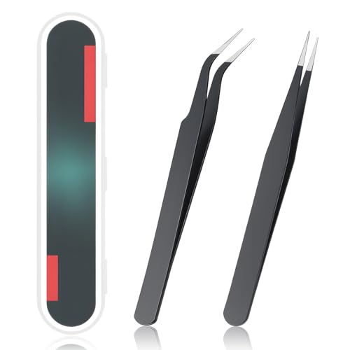 2 Pcs Sticker Tweezers Set, Stainless Steel Craft Tweezer Thin Lash Tweezers Portable Pointed Curved Tweezer for Women Men Making Jewelry Nail Crafts Industrial Electronics