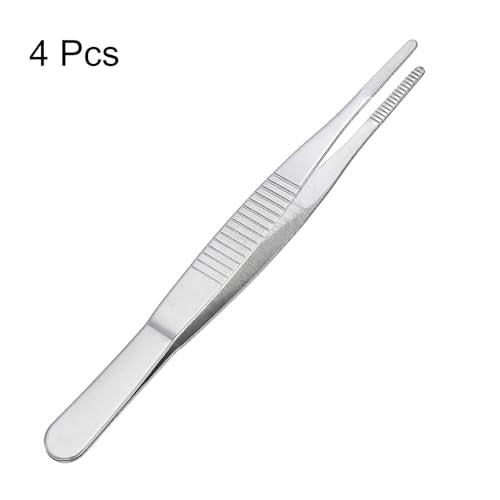 uxcell Stainless Steel Tweezers, 5-Inch Straight Blunt, Multipurpose, Silver, 4 Pcs