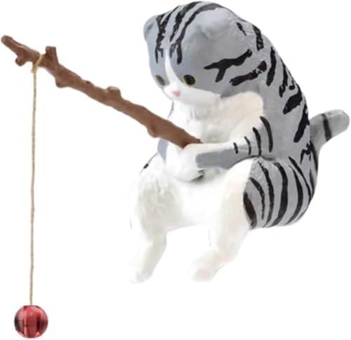 Cat Fishing Statue Decor, Resin Aquarium Ornament, Mini Tank Decoration, for Tanks Desk Yard Pond, Indoor Outdoo (Yellow)