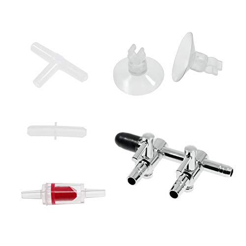 2-Way Aquarium Air Flow Control Lever Valve Distributor Accessories Set with Check Valve, T & Straight Connector and Suction Cups