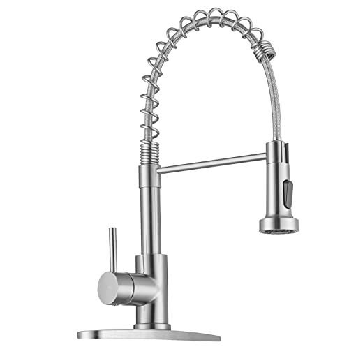 WEWE Kitchen Faucets, Brushed Nickel Kitchen Faucet with Pull Down Sprayer, Industrial Spring Single Handle Stainless Steel Kitchen Sink Faucet with Deck Plate, 1 Hole or 3 Hole for Laundry Rv - color: Brushed Nickel, style: Classic