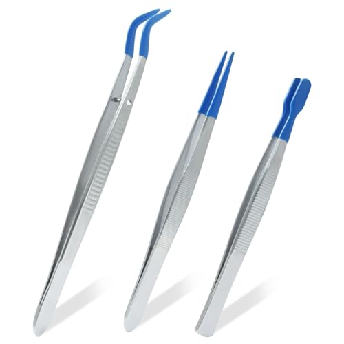 3 Pack Curved Tweezers, Silicone Rubber Bent Tip PVC Coated Soft Tip Tweezers, Non Marring Stainless Steel Tools for Jewelry Crafts/Electronics