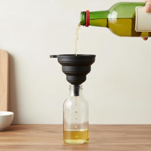 Silicone Collapsible Funnel for Kitchen Use, Food Grade Small Flexible Funnel for Liquid Transfer, Oil Change, Cooking, Water, Powder, Juice, Drink & Filling Bottles, Black - color: Black