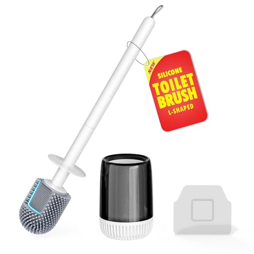 Silicone Toilet Brush, L-Shaped Toilet Brush and Holder Set, Bathroom Toilet Brush with Long Non-Slip Handle, Wall Mounted or Floor Standing Design, for Home and RV Use
