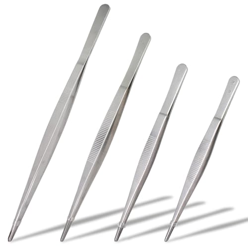 4Pcs 304 Stainless Steel Tweezer Set, 7" 8" 10" 12" Long Tweezers with Precision Serrated Straight Tips, Non-slip Kitchen Tweezers for Cooking Baking Crafts Tank Aquarium Terrarium