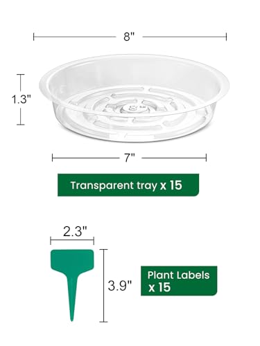 GROWNEER 15 Packs 8 Inches Clear Plant Saucers Flower Pot Trays, with 15 Pcs Plant Labels, Plastic Plant Saucer Drip Trays for Indoor Outdoor Plants Garden - size: 8 Inch, 15-Pack