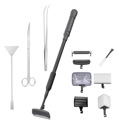 Carefree Fish 9IN1 Aquarium Cleaning Tools Long Handle Adjustable Length 20~36Inch Fish Tank Cleaner Kit Algae Scraper Scrubber Brushes Set Plant Scissor Long Tweezer - size: 20~36In