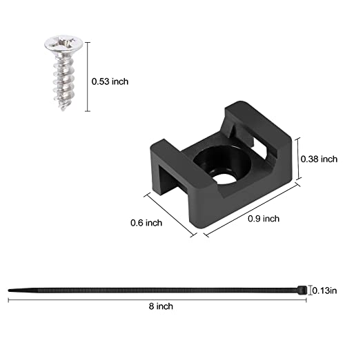 100 Pcs Cable Zip Tie Saddle Type Mounts Base with 8" Cable Ties Tapping Screw, Wire Cable Clips Organizer Holders Clamps Black