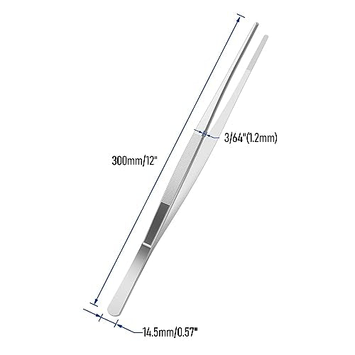 2 PCS 12 Inch Stainless Steel Tweezers, with Straight Round Blunt Serrated Tip, 3/64 Inch Thickness Stainless Steel, Multipurpose Daily Garden Home Lab Craft Repairing Tool - size: 12"L(3/64"T)