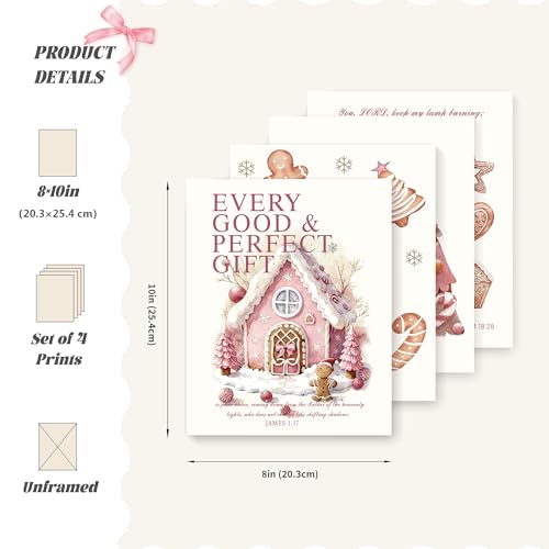 LARTSFRO Coquette Pink Christmas Gingerbread House Gifts Wall Art Decor Posters, Cute Christmas Gingerbread Man Christian Room Bathroom Bedroom Dorm Wall Art Decor Aesthetic for College Teen Girls Gifts, Inspirational Bible Verses Gingerbread Wall Decor,