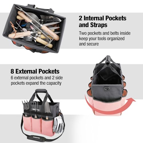 WORKPRO Garden Tool Bag, Heavy Duty Gardening Tote Bag Organizer with 10 Pockets and Long Adjustable Shoulder Strap, Standable Garden Home Tool Kits Organizer, Pink - color: Pink