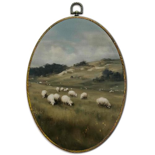 XFCICRLJ Vintage Farmhouse Sheep Wall Art Decor, Rustic Countryside Oval Canvas Prints Framed, Cottagecore Landscape Farm Animals Wall Art Decorations for Home Bedroom Living Room Decor, 11x8.5 Inch - color: Sheep 05