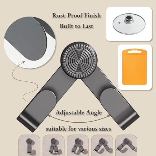 Pot Lid Rack Organizer holder for Cabinet Door/Wall With Suction Cup, No Drilling, Adjustable Rotating Arm Design Fits 6-14" Lids(Charcoal gray)